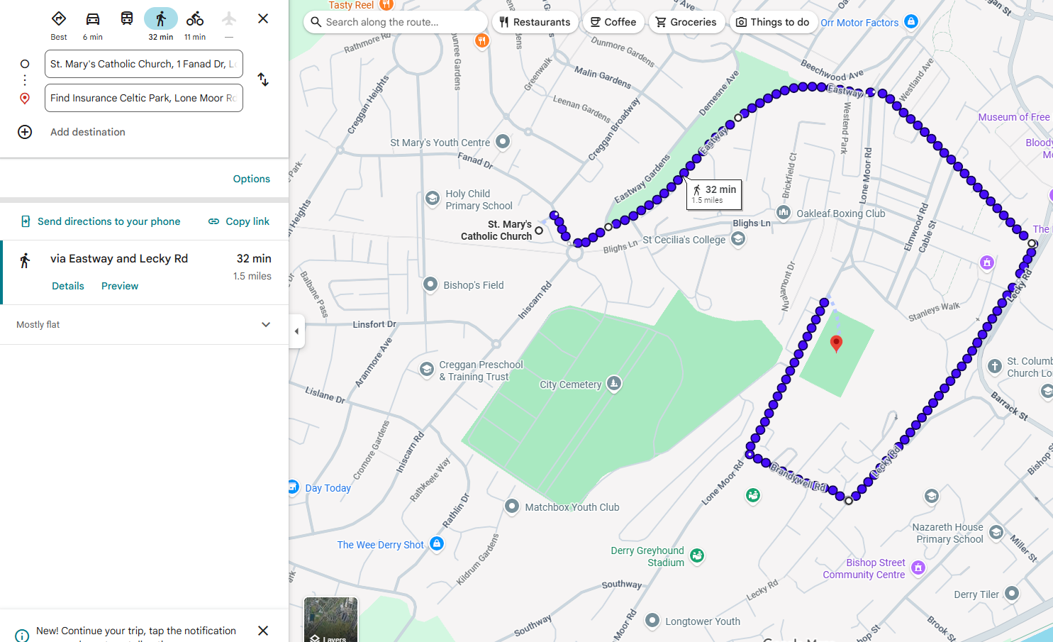 Procession route map from St Mary's Catholic Church to Celtic Park